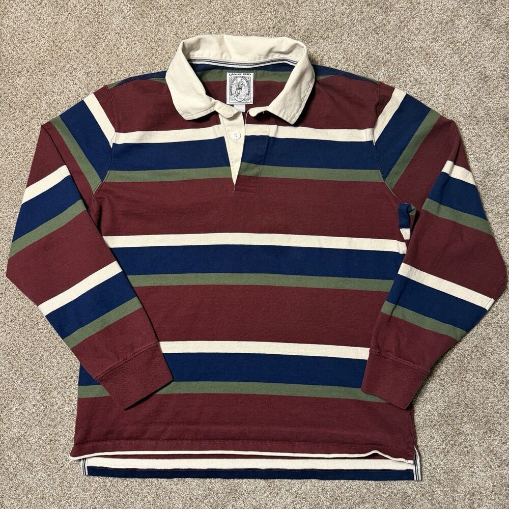 Vintage Lands End Rugby Polo Shirt Mens Large Red Blue Stripes 90s Y2K